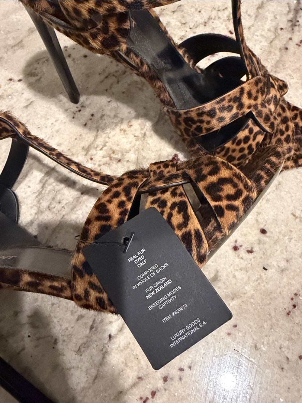 Saint Laurent Leopard Print T-Strap Heels - Black & Brown - Picture 3 of 6